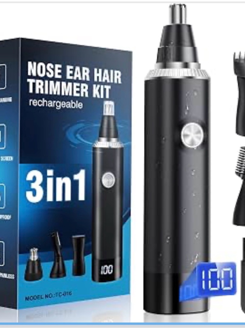 Rechargeable Nose & Ear Hair Trimmer - Black - 3-in-1 Grooming Kit